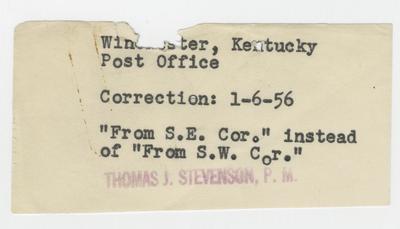 Construction of post office.                          Winchester, Kentucky // Post Office // From S.E. Cor. typed note