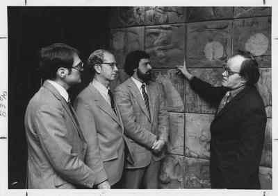 From left to right: Coleman; Kiernan; Bradley; and John Tuska, creator of the wall on the 17th floor in the Patterson Office Tower and a Professor of Art; This photo was in the Communi - K, a paper for all University of Kentucky employees