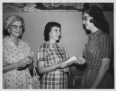 Mildred Lewis (left), unidentified woman, and unidentified student who received a scholarship in Music Education