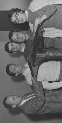 Rehearsing for a play; From left to right: Ernest L. Rhodes, Tommy Marston, Scott Long, Mae Marie Sexton, and Frances Nave