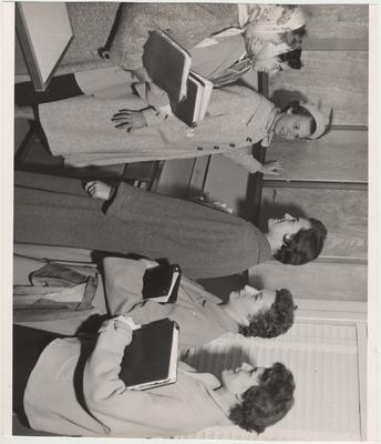University of Kentucky Housing Class in a kitchen; From left to right: Frances McAtee, Sue Chandler, Winnefred Shane, Nancy Trapp, Patsy Mayhers, and Marilyn Wright