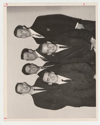 Members of the Beta Phi Delta fraternity at the Northern Center; From left to right, seated: John Shouse, Chester Carpenter; Standing: Tom Hawkins, Fred Nelson, Dudley Martin, and Jim Morgan