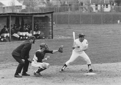 Unidentified Kentucky baseball player batting during a game; photo appears on page 389 in the 1969 Kentuckian