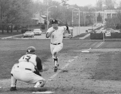 Baseball game action, UK versus Vanderbilt, 1969; photo appears on page 122 in the 1969 Kentuckian