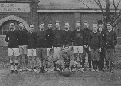 Unidentified members of the sophomore basketball team, in front of Buell Armory; photo appears on page 161 in the 1912 Kentuckian