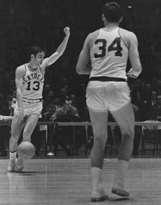 Basketball game action; Phil Argento (13) and Mike Casey (34) during game; photo appears on page 229 in the 1969 Kentuckian
