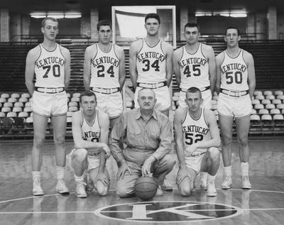 Basketball team members, 1958-59 season; pictured are (front) unidentified, coach Adolph Rupp, Vernon Hatton (52), (standing) John Brewer (70), Johnny Cox (24), Ed Beck (34), John Crigler (45), and Adrian Smith (50)