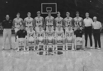 Basketball team photo, 1972-73 season; coach Joe B. Hall is seated far left, assistant coach Dick Parsons is seated far right