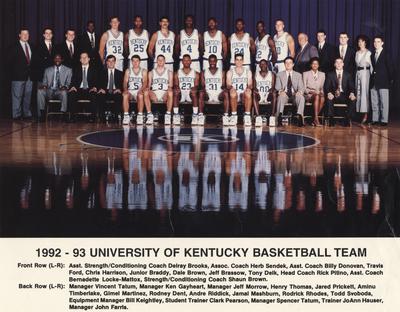 Basketball team photo, 1992-93 season; names of individuals listed on photograph sleeve and on photo caption