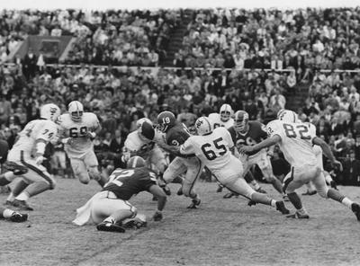 Unidentified UK football players during game against Florida. Photo appears on page 216 in the 1969 Kentuckian
