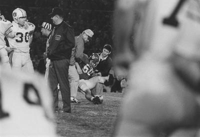 UK football player David Roller (60) helped off the field during the Auburn game. Photo appears on page 218 in the 1969 Kentuckian