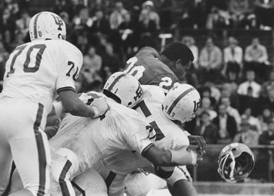 Unidentified football players during game against Florida. Photo appears on page 215 in the 1969 Kentuckian