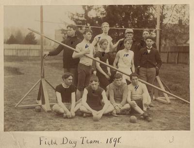 Milward Elliot (back row, 3rd from right) and eleven unidentified men are all members of the 1898 Field Day team