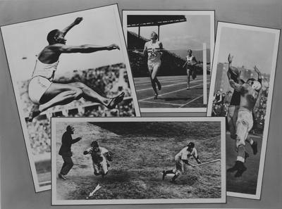 Collage of four well-known sports photographs:  Jesse Owens competing in the 1936 Berlin Olympics (top left), Roger Bannister winning the mile race in the Empire Games in Vancouver, John Landy picture behind him (top), unidentified football game (right), and a pivotal play in game four of the 1941 World Series featuring the New York Yankees versus the Brooklyn Dodgers