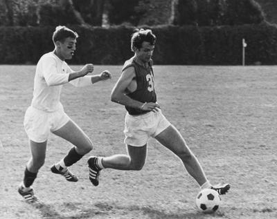 Unidentified students playing soccer. Photo appears on page 124 in the 1969 Kentuckian