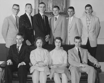Robert Berry (standing, 2nd from right) and nine unidentified students are all UK scholarship winners, April 27, 1957; Public Relations photo
