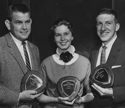 UK Speech Contest winners, left to right, Lawson, King, two unidentified individuals, May 23,1958; Lexington Herald-Leader photo