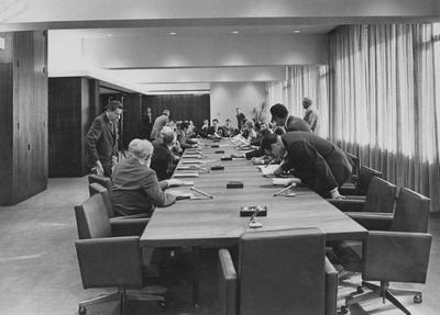 The first University of Kentucky Board of Trustees meeting the Patterson Office Tower, December 1969; Kentucky Governor Louie B. Nunn at head of table; Lexington Herald-Leader photo