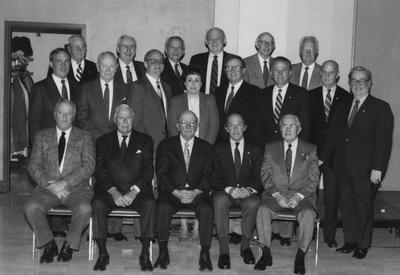 Members of the University of Kentucky Board of Trustees; pictured standing, second row, 2nd from right is Ted Bates, standing, second row, fifth from right is Julia Tackett; others unidentified