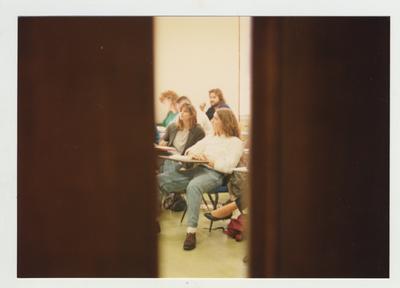 Students listen during a lecture in a classroom