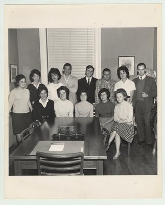 Thirteen students from Chile came to the University of Kentucky in February 1962 for a two week stay under the auspices of the Experiment in International Living Program; In front from left to right: Ximena Villarroel, Gloria De Andraca, Mirta Oliva, Beatrix Crovetto, and Ena Smith; In back from left to right: Gloria Salazar, Anes Cruchaga, Marta Brito, Jose Aquirre, Pablo Alamos, Jose L. Cuyman, Iris Sotomayor, and Daniel Campos; Lexington Herald - Leader staff photo