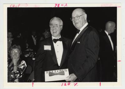 The Fellows fund - raising black tie dinner; Robert McCowan (left) was chairman of the Board of Trustees during the 1980s; On right is possibly William Sturgill for whom the Sturgill Development Building was named