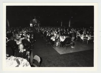 People sit at tables at the Fellows' Dinner; During David Roselle's presidency