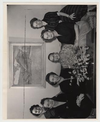 Members of the University of Kentucky Dean of Women's staff; From left to right: Sondra Search, director of the Y. M. C. A.; Virginia Reynolds, head resident of Jewell Hall; Mary Williams, assistant to the Dean of Women; Bess My, Alpha Gamma Delta housemother; Alice Martin, Alpha Xi Delta housemother; Pat Patterson, assistant to the Dean of Women