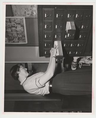 A woman looks in the card catalog