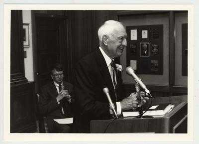 Thomas D. Clark speaks at the Clark Papers dedication; William Marshall sits in the background