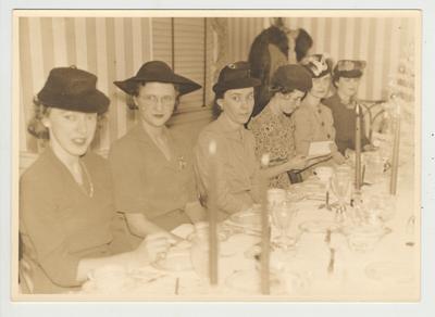 Library Staff Christmas Dinner; From left to right: Carolyn Reading Hammer, Catherine L. Katterjoler, Jacqueline P. Bull, Mary Jane Stallcup, Maona Shinkle Eaves, and Daisy Taylor Croft