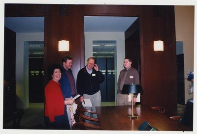 Dedication of the William T. Young Library; from left: Nancy DeMarcus, Matt Harris, and Frank Stanger, Special Collections and Archives staff and Bryce Tearney, the Circulation Department staff