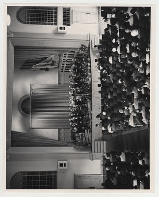 President Frank Dickey addresses a crowd in Memorial Hall during the Medical Center dedication