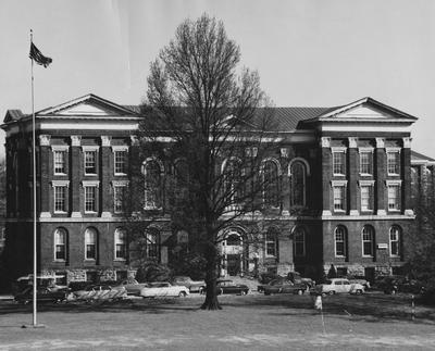 Administration Building, June 1953; flag pole in front circle; Public Relations photo