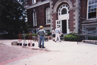 Administration Building fire, May 15, 2001; Bob Vanchure (blue hat), Munter's Corp. Disaster representative, Tom Rosko (yellow hat) and Matt Harris (white hat), University Archives and Records Program