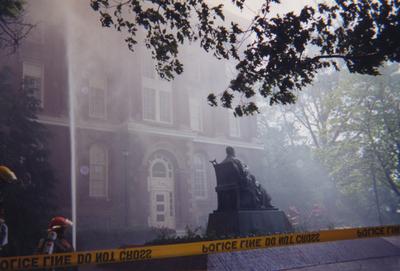 Administration Building fire, May 15, 2001; photos 475-501 are different views of the building as firefighters work to contain the blaze and the damage; photographer:  Steve Stahlman