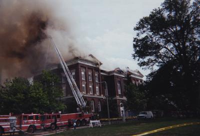 Administration Building fire, May 15, 2001; photos 475-501 are different views of the building as firefighters work to contain the blaze and the damage; photographer:  Steve Stahlman