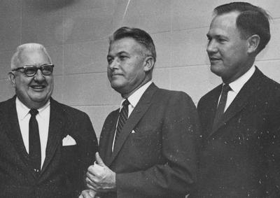 Pictured at the Agricultural Science Building (Ag. Science North) dedication, left to right, are David Pritchett, Kentucky Governor Bert Combs, and William Seay, Dean of the College of Agriculture