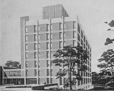 Architectural drawing of Anderson Hall, designed by Brock and Johnson Architects