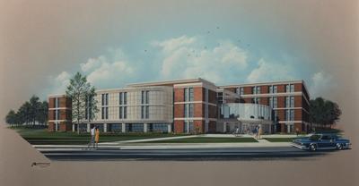 Architectural drawing of the new Gatton Business and Economics addition, which included a new three-story addition (facing Limestone) and remodeling of the fourth floor of the Commerce Building; illustration by Andrew Lynn Architectural Illustrations