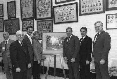 At the dedication of the Center for Robotics and Manufacturing Systems; from left: Robert McCowan, Board of Trustees member; Art Gallaher, Chancellor of the Lexington Campus; unidentified man; Governor Martha Layne Collins; Congressman Carroll Hubbard; President David Roselle; and unidentified man