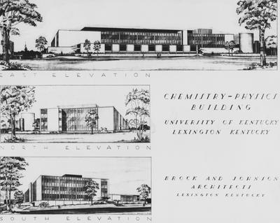 An architectural drawing of the East, North, and South sides of the Chemistry and Physics building. Drawing by Brock and Johnson Architects