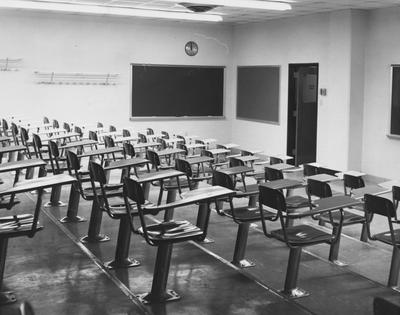 A classroom in the Chemistry and Physics Building. This is typical seating throughout the building