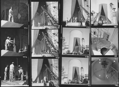 A proof sheet of  twelve images (each 2.25 inches by 2.25 inches) of the Van de Graff nuclear accelerator being installed in the physics 