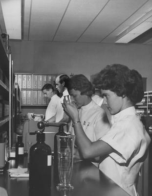 Pharmacy students are performing a lab experiment. From rear to front: Bobby Reister, unidentified man, unidentified woman, unidentified woman