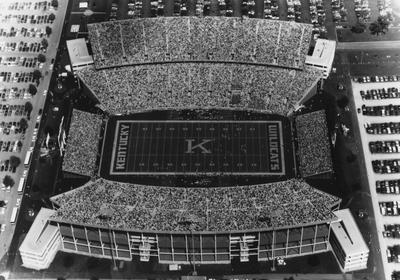 Aerial view of Commonwealth Football Stadium during a football game