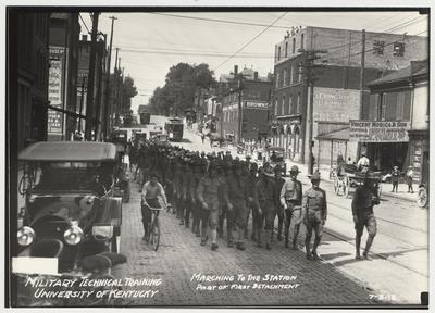 University of Kentucky military technical training during World War I.  Marching to the Station; Part of First Detachment