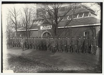 University of Kentucky military training during World War I.  Cadets in front of Buell Armory
