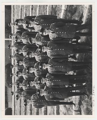 The 1969 Army Reserve Officers Training Corps Seniors, 26 cadets on the stone steps behind Memorial Hall.  This photo is in the 1969 Kentuckian on page 364, picture #2