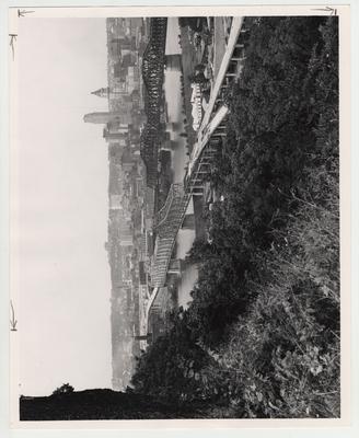 A view of Cincinnati, Ohio taken from Devon Park, Park Hills, Kentucky.  The bridge is not yet completed; it opened for traffic in November 1963